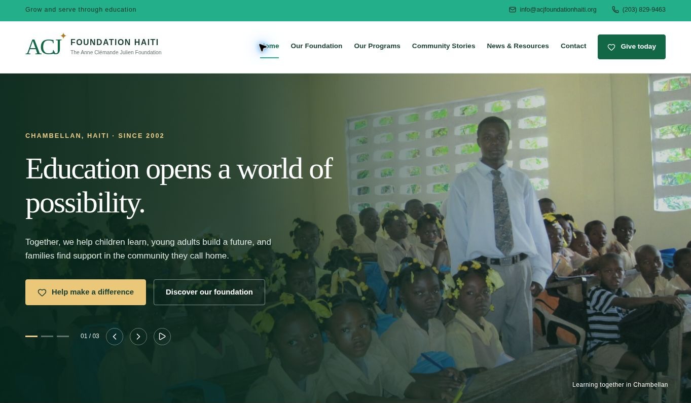 ACJ Foundation Haiti homepage with its green and gold design and classroom photograph